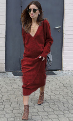 V-neck Long Sleeved Winter Knitted Dress