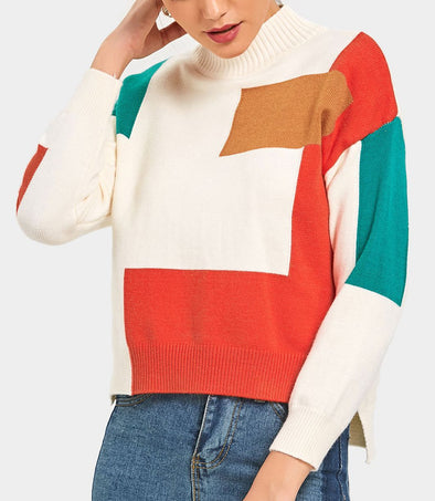 New square color matching long sleeve sweater