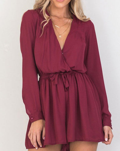 Fashion Solid V-Neck Long Sleeve Belt Dress