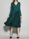 Women's New V-Neck Long Sleeve Knit Silk Pleated Dress