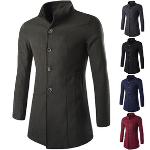 New Fashion Solid Color Lapel Long Men's Wool Coat