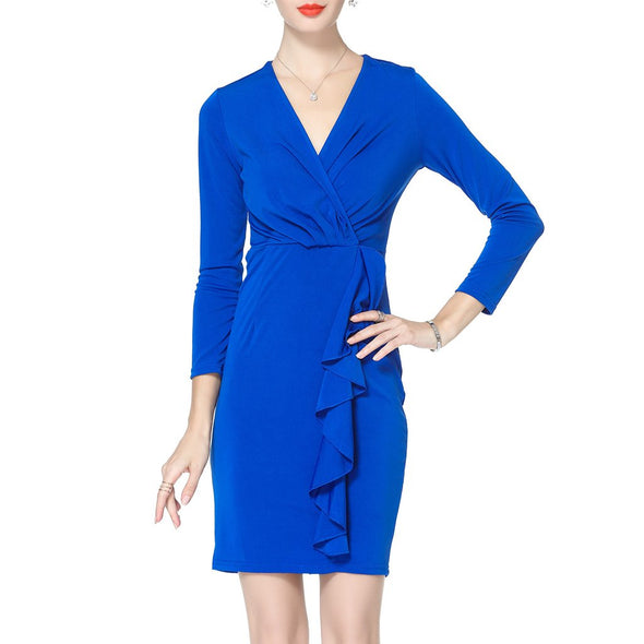 Sexy V-Collar Long-Sleeved Solid Color Bodycon Work Dress