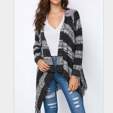 Knitting Stripe Tassel Long Sleeve Cardigan Outwear