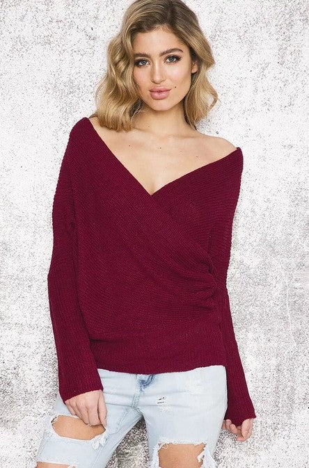 V-Neck Long-Sleeved Solid Color Sweater