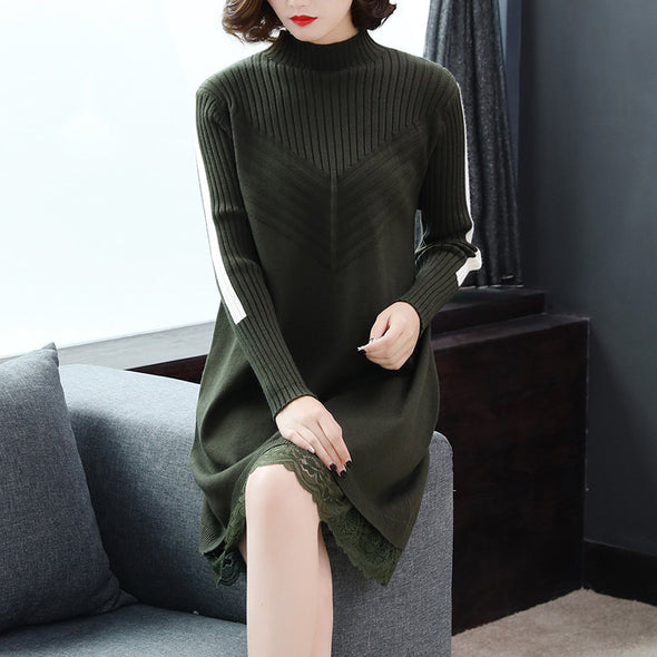 Women's loose solid long-sleeved stitching lace knit dress