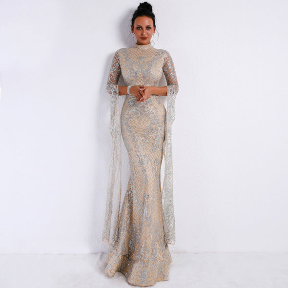 High Collar Long Sleeve Sequins Elegant Evening Dress