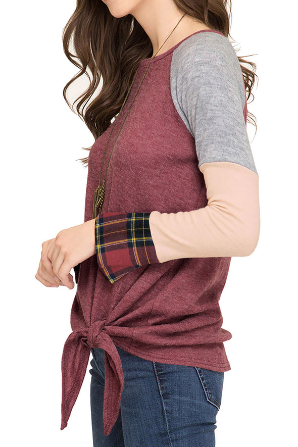 Plaid Stitching Hem Knotted T-Shirt