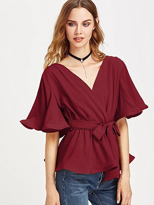 Fashion V-neck solid color with trumpet sleeve chiffon shirt