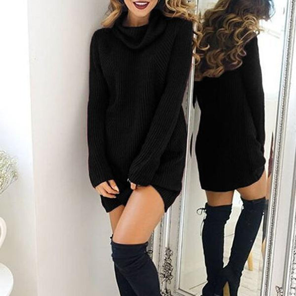 Sexy High Neck Long Sleeve Knitted Dress