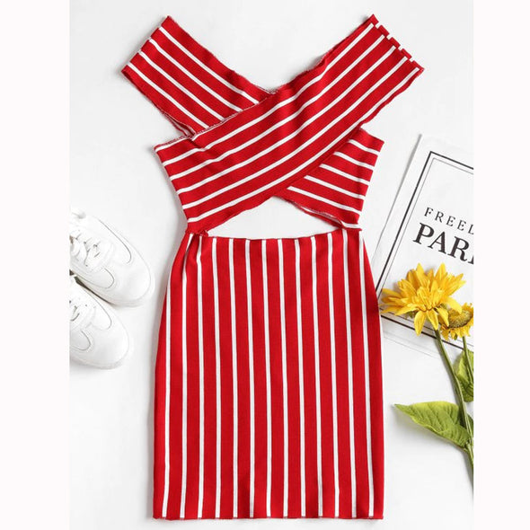 Women's striped one-neck dress bag hip skirt