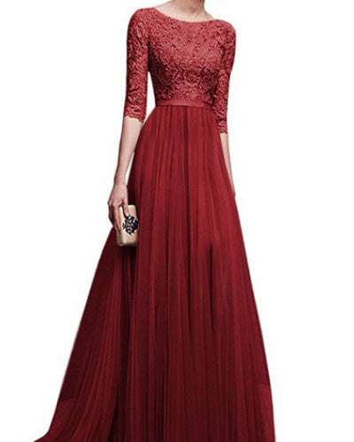 Round Neck Patchwork Plain Evening Dress