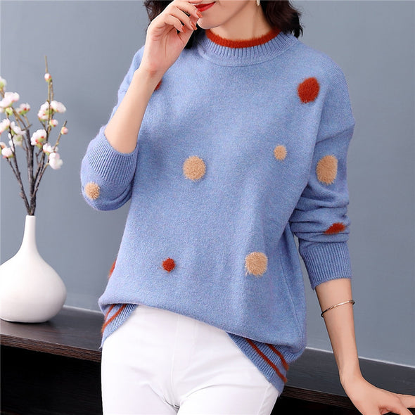 O-Neck Hairy Large Dot Anti-Pilling Sweater