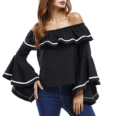 Women's off-the-shoulder collar trumpet sleeve T-shirt