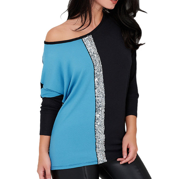 Splicing Sequined Casual Long-Sleeved T-Shirt