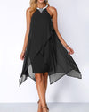 Embellished Neck Asymmetric Hem Chiffon Overlay Dress