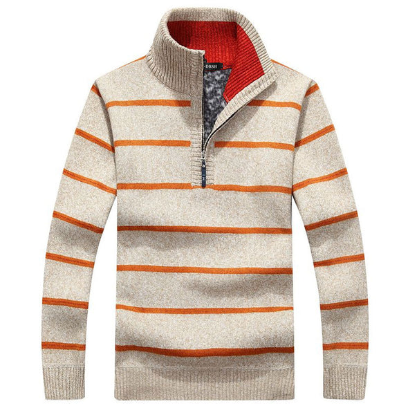 Fashion Stand Collar Striped Zipper Pullover Plus Velvet Sweater