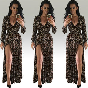 New sexy leopard V-neck long-sleeved split maxi dress