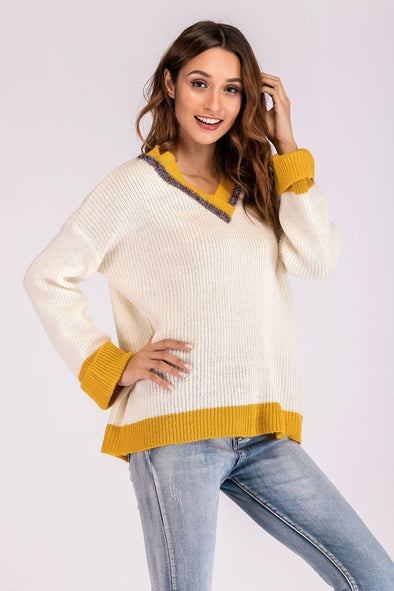 Hit Color V- neck Long Sleeve Sweaters