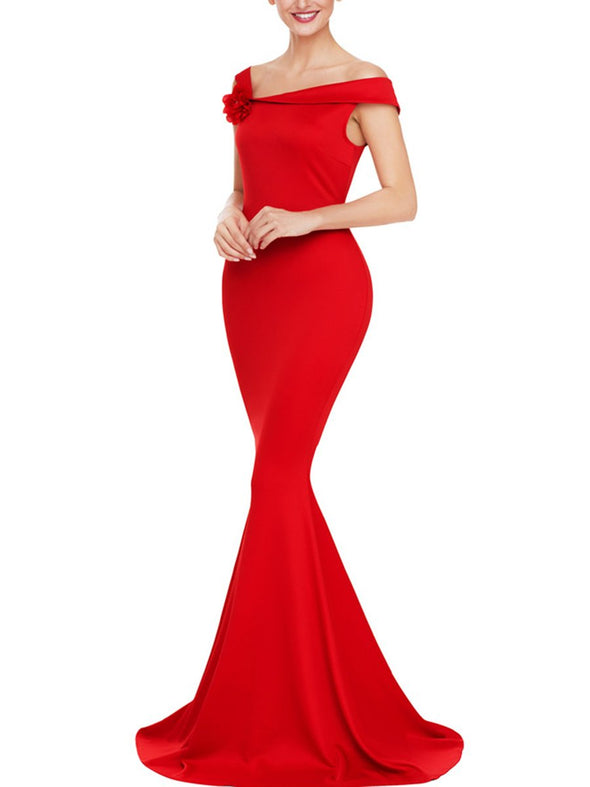 Asymmetric Neck Floral Mermaid Evening Dress