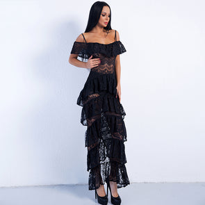 Sexy New Off Shoulder Lace Ruffles Split Maxi Dress