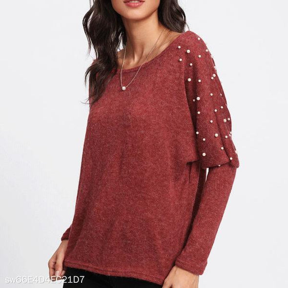 Round Neck Long Sleeve Pearl Knit Sweater