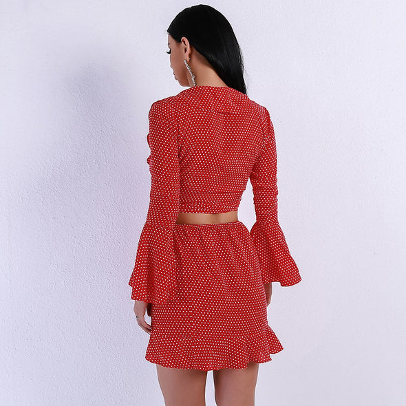 V-neck flared sleeve skirt polka dot waist mini dress