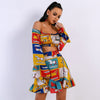 Women's Tube Top Long Sleeve Cartoon Pattern Ruffle Skirt Set