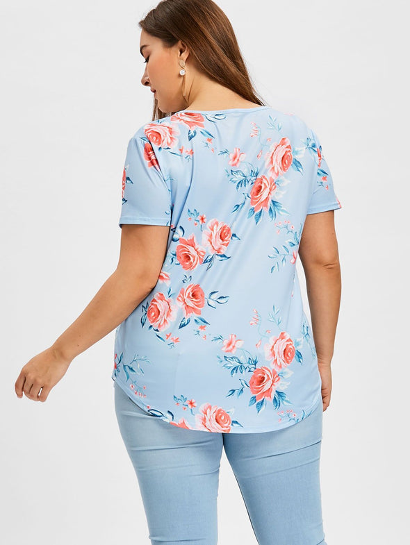 casual Print Short sleeve V neck plus size tops