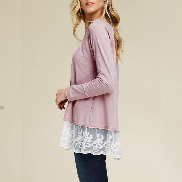 Women's 0-neck stitching lace long T-shirt