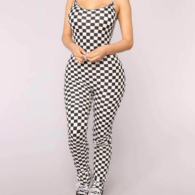 Casual Sleeveless Round Neck Check Jumpsuits