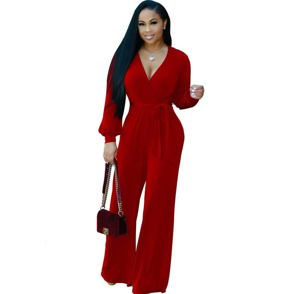 Casual Long Sleeve Solid Color V-neck Jumpsuits