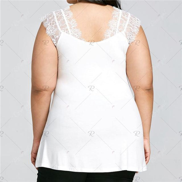 Casual Sleeveless V neck lsce patchwork Plus Size Tops