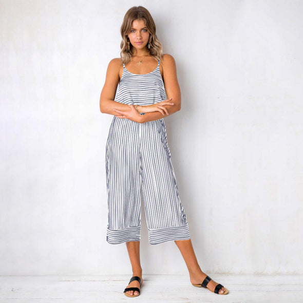 Women's striped hanging bandwidth loose jumpsuit