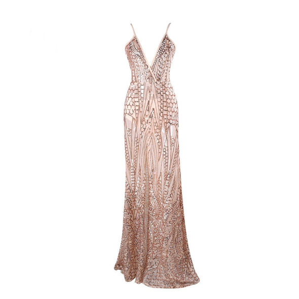 Sexy V-neck Sling High Slit Perspective Sequin Evening Dress