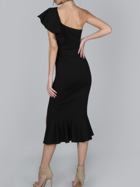 One Shoulder  Plain  Blend Bodycon Dress