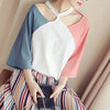 Sexy Bare Shoulder Halter Colorblock Shirt