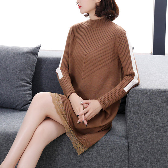 Women's loose solid long-sleeved stitching lace knit dress