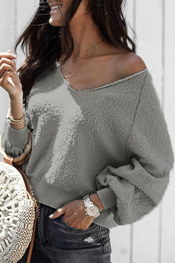 Fashion Plain Long Sleeve V-Neck Sweater