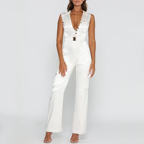 New V-neck Sleeveless Satin Jumpsuit