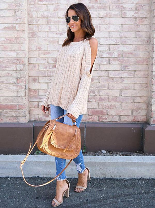 Solid Color Knitting Round-neck Sweater Tops