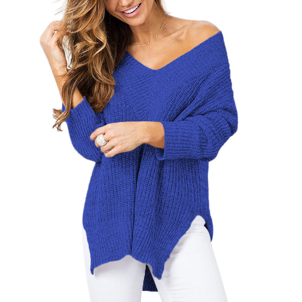 Split V- neck Long Sleeve Knitting Sweaters