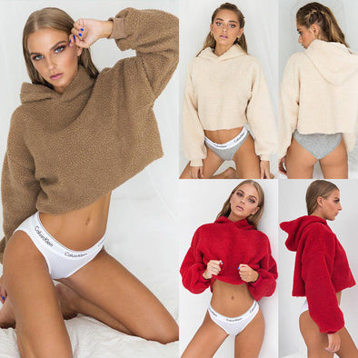 Open Umbilical Hooded Solid Color Fur Sweatshirt