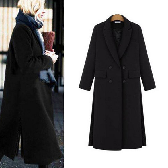 Pure Color Double-breasted Lapel Woolen Coat