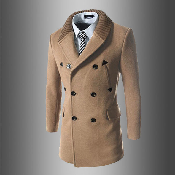 New Knit Collar Stitching Men's Slim Mid-length Woolen Coat