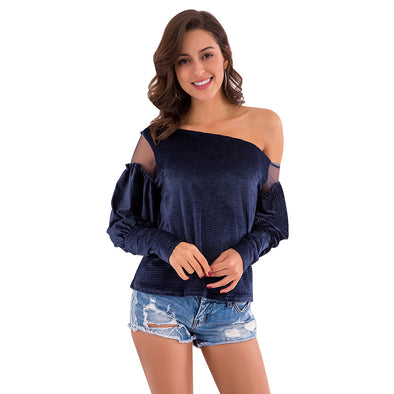 Sexy Solid Off Shoulder Slash Neck Stitching Sweatshirt