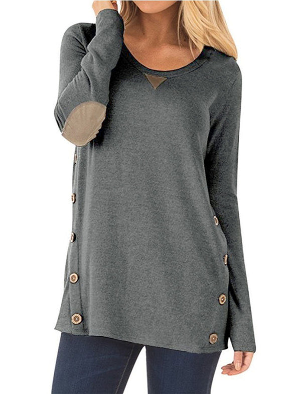 New Solid O-Neck Long Sleeve Patch Button T-shirt