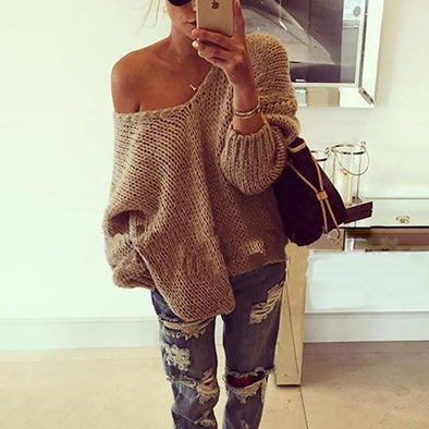 Loose Solid Color V-Neck Strapless Long Sleeve Sweater