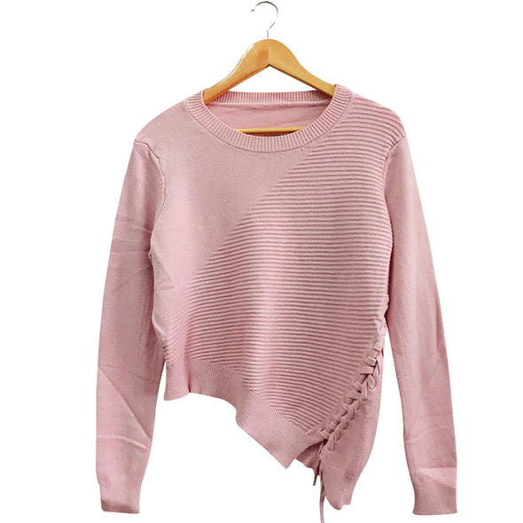 Irregular Cross Bandage Round Neck Sweaters