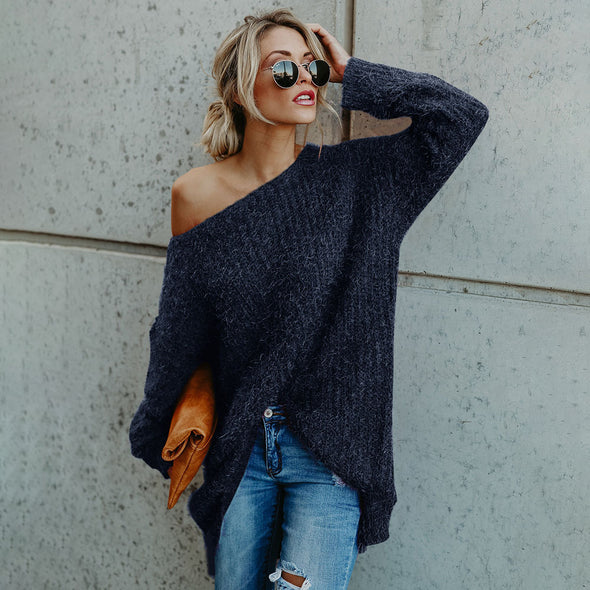 Solid Color Long-Sleeved Shoulder Sweater