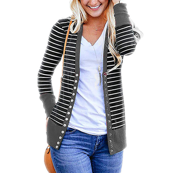 Striped Stitching Long Sleeve Single-Breasted Cardigan